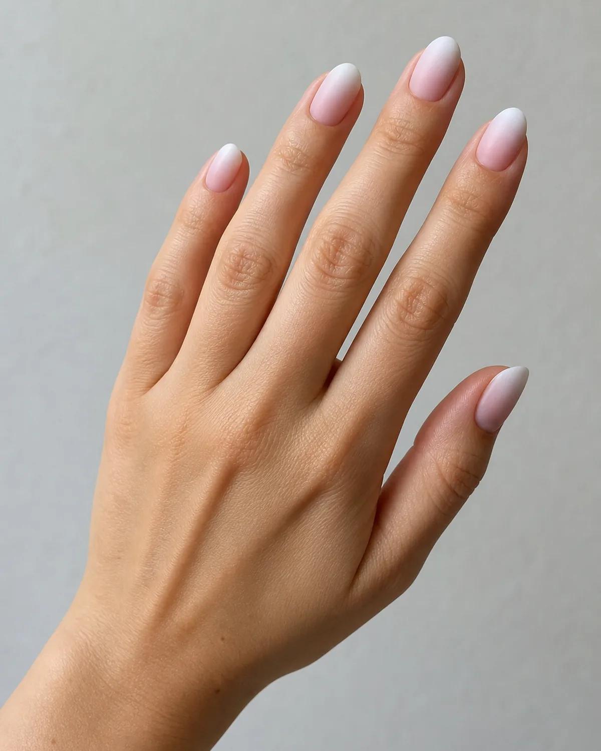 One hand reaching up on a diagonal, short almond nails with matte French ombre gradient, light warm skin