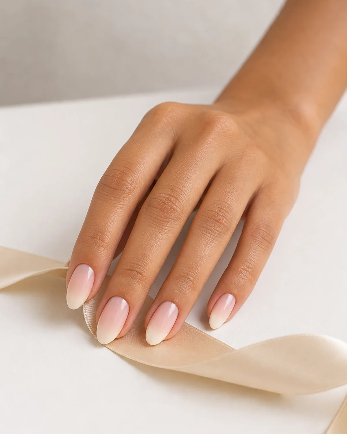 Single hand with fingers touching a pale satin ribbon on a white table, medium almond nails with warm ivory-to-blush French ombre