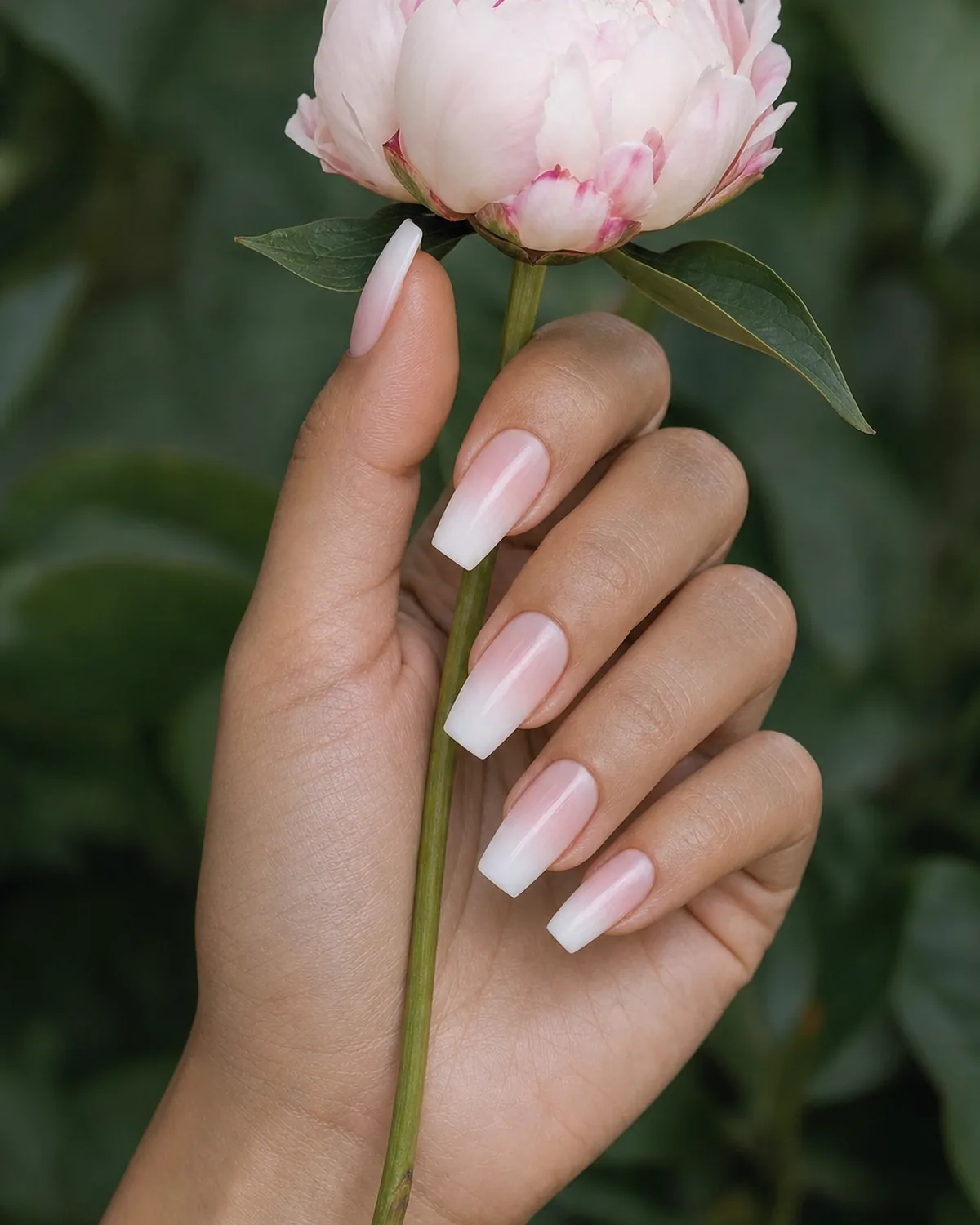 Hand holding a pale pink peony stem, medium coffin nails with seamless sponge-blended French ombre
