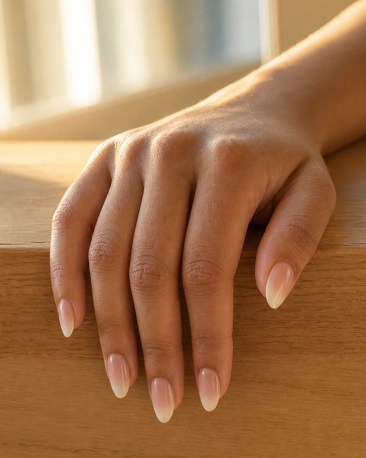 One hand draped over a wooden ledge, medium almond nails with warm ivory-to-champagne French ombre, olive skin