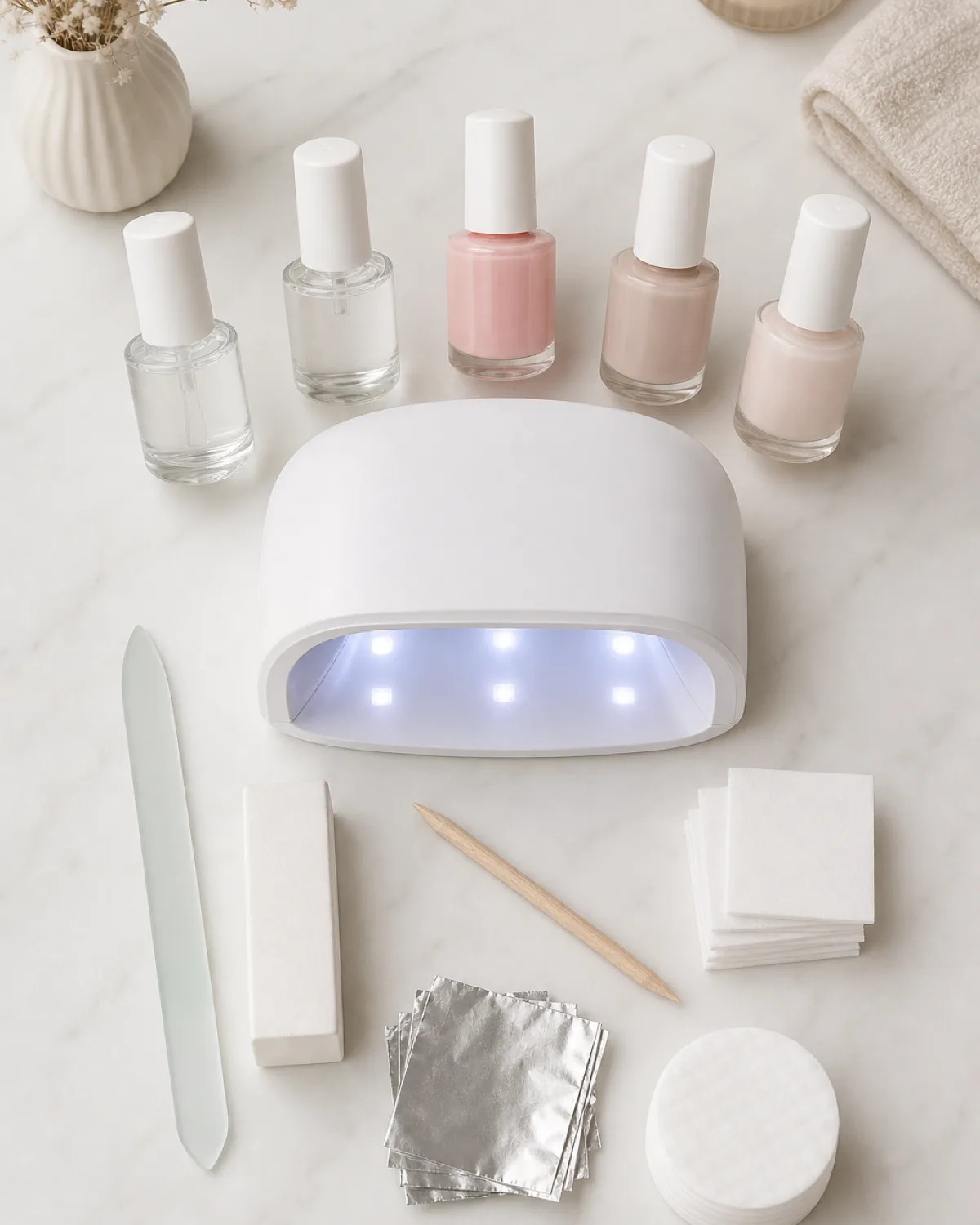 Flat-lay gel nail kit arrangement on white surface with LED lamp, gel bottles, glass file, buffer, cuticle pusher, and alcohol wipes