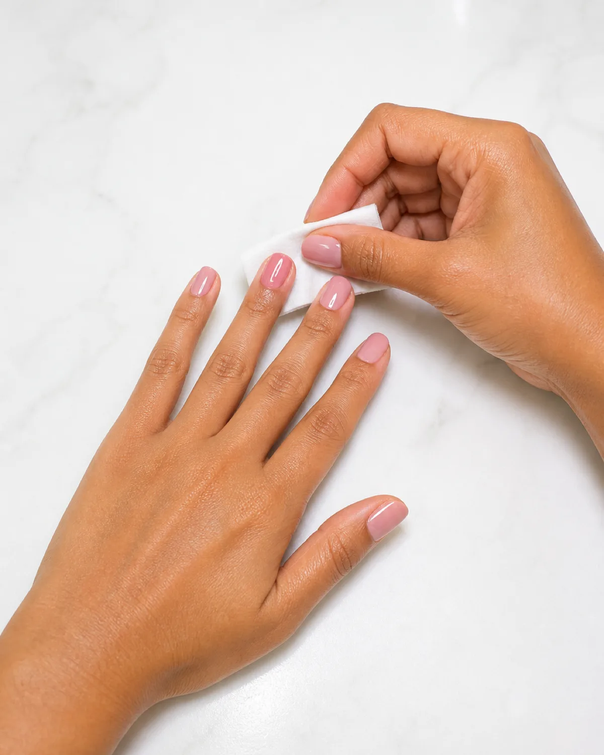 Wiping tacky inhibition layer from nails with lint-free pad, before-and-after gloss contrast visible