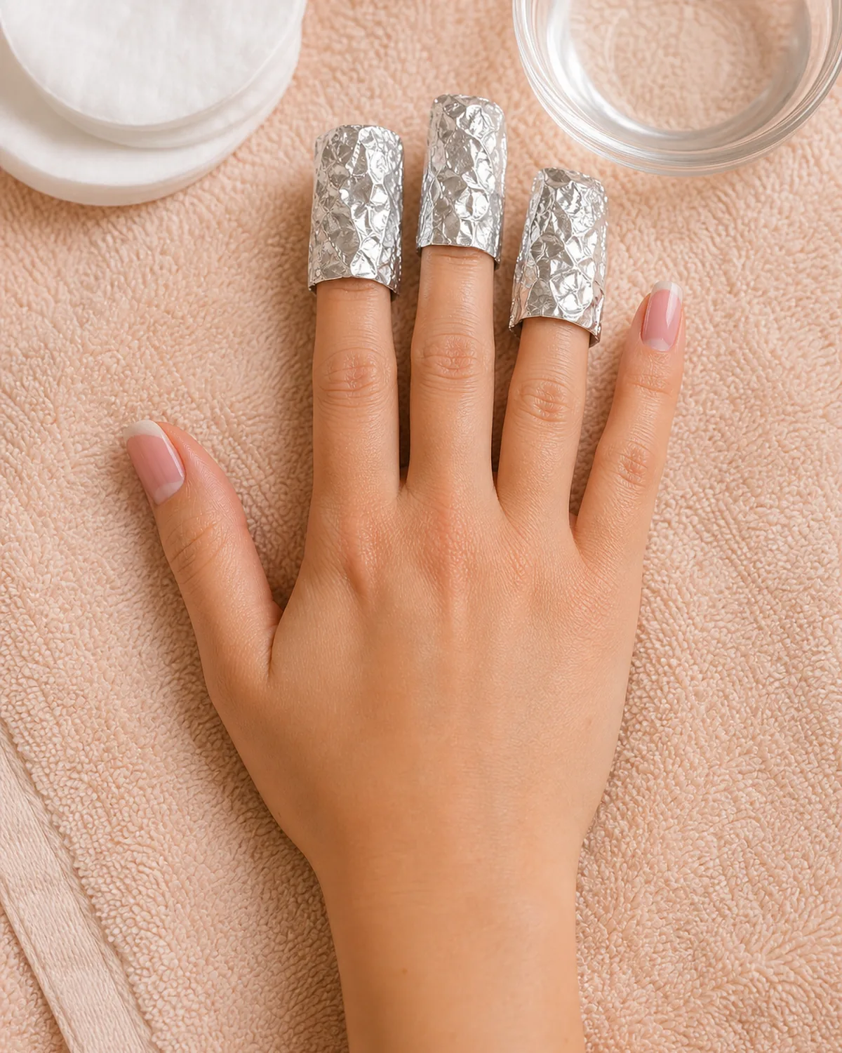 Gel removal setup with foil-wrapped fingers and acetone-soaked cotton, showing grown-out gel manicure