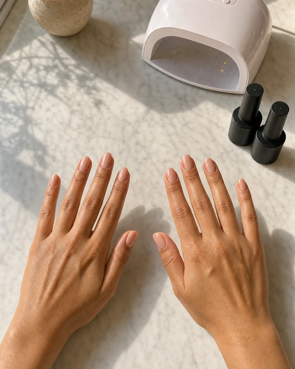 Both hands showing perfect nude-pink gel manicure resting on marble beside LED lamp and gel bottles, warm golden light