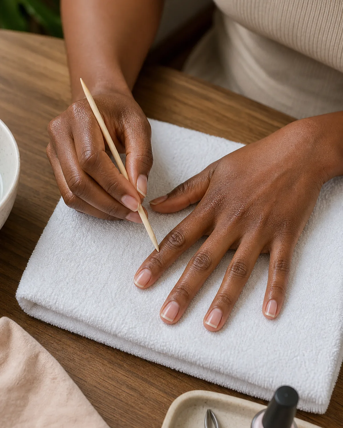 Pushing cuticle back with wooden orange stick on index finger, hand resting on white towel