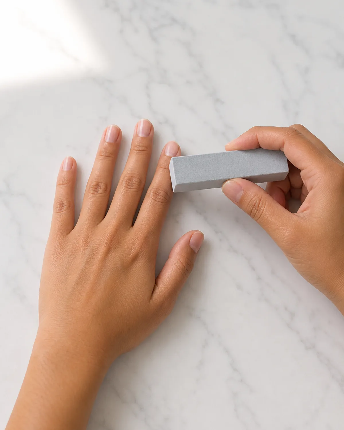 Buffing nail surface with fine-grit buffer block showing matte-vs-shiny contrast on same hand