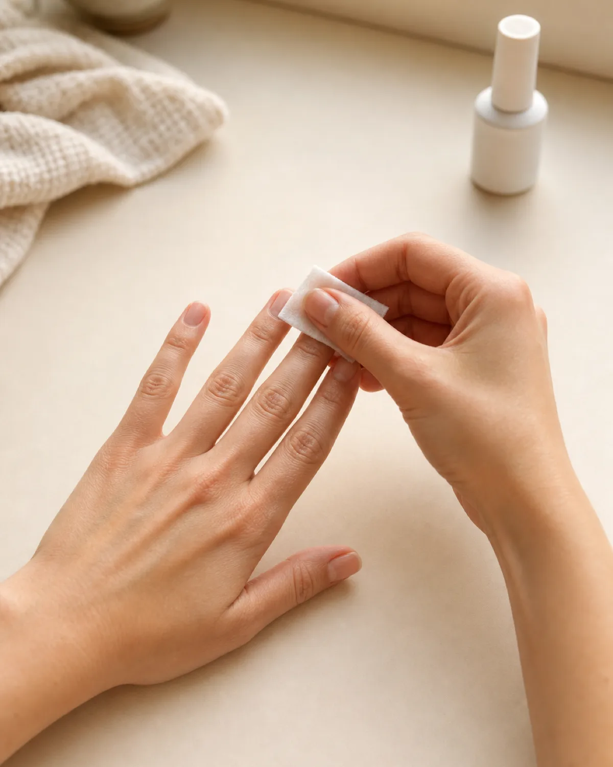 Wiping nail with lint-free alcohol pad to dehydrate before gel, fingers fanned on cream surface