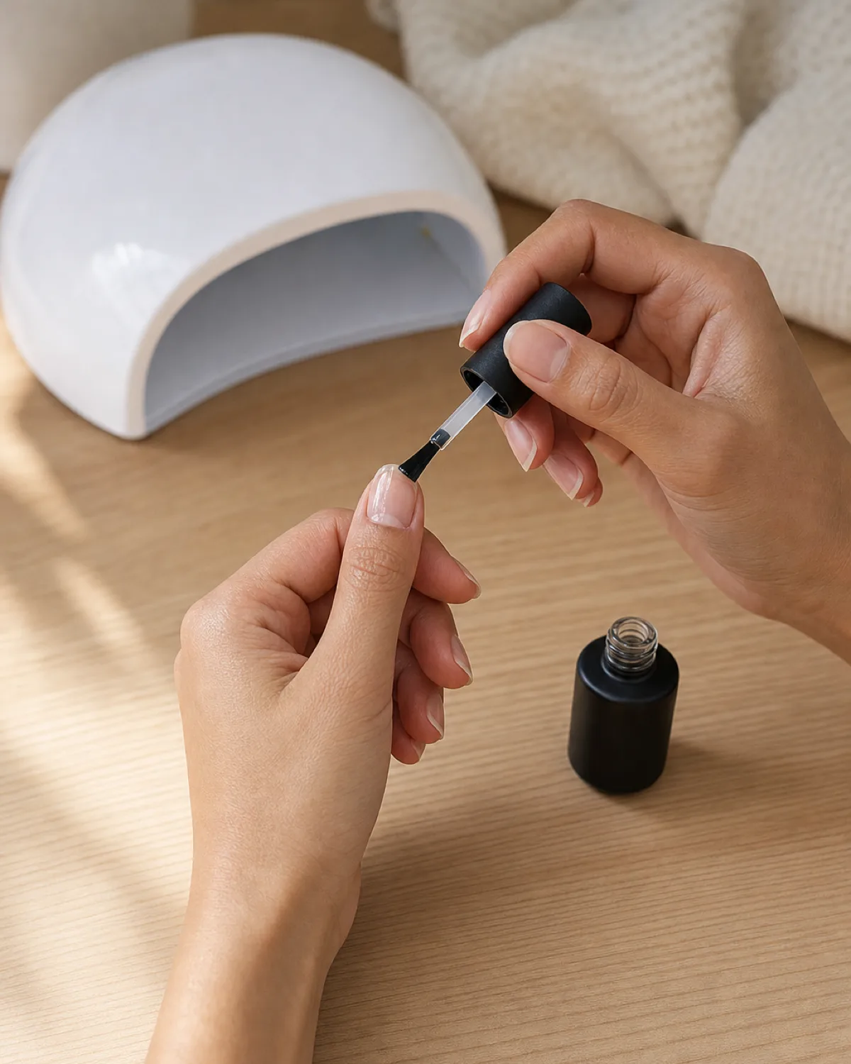 Applying thin gel base coat to thumb nail with brush, showing brush angle and wet gel layer near LED lamp