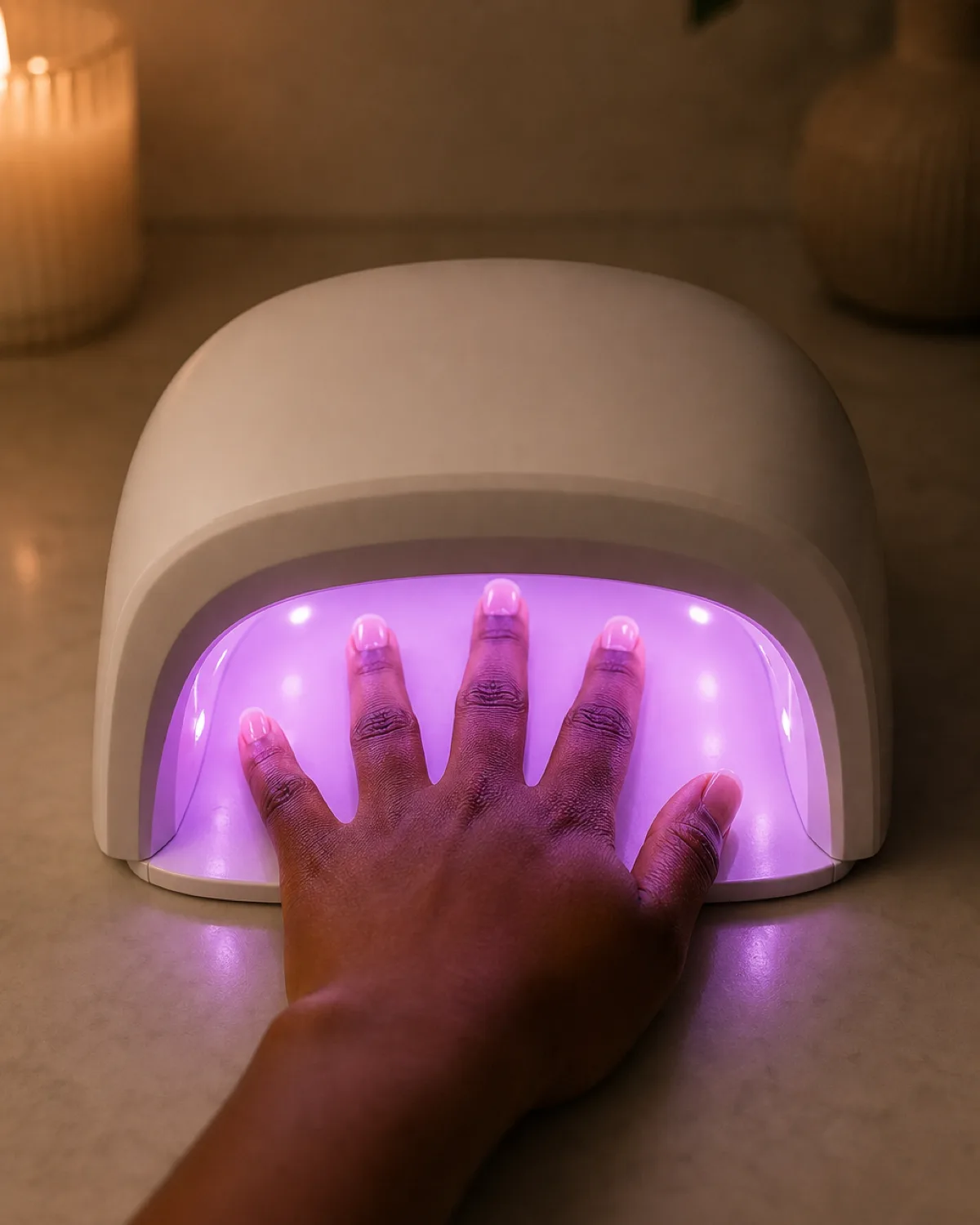 Hand inside LED nail lamp with fingers spread, warm pink-purple glow illuminating nails during cure cycle