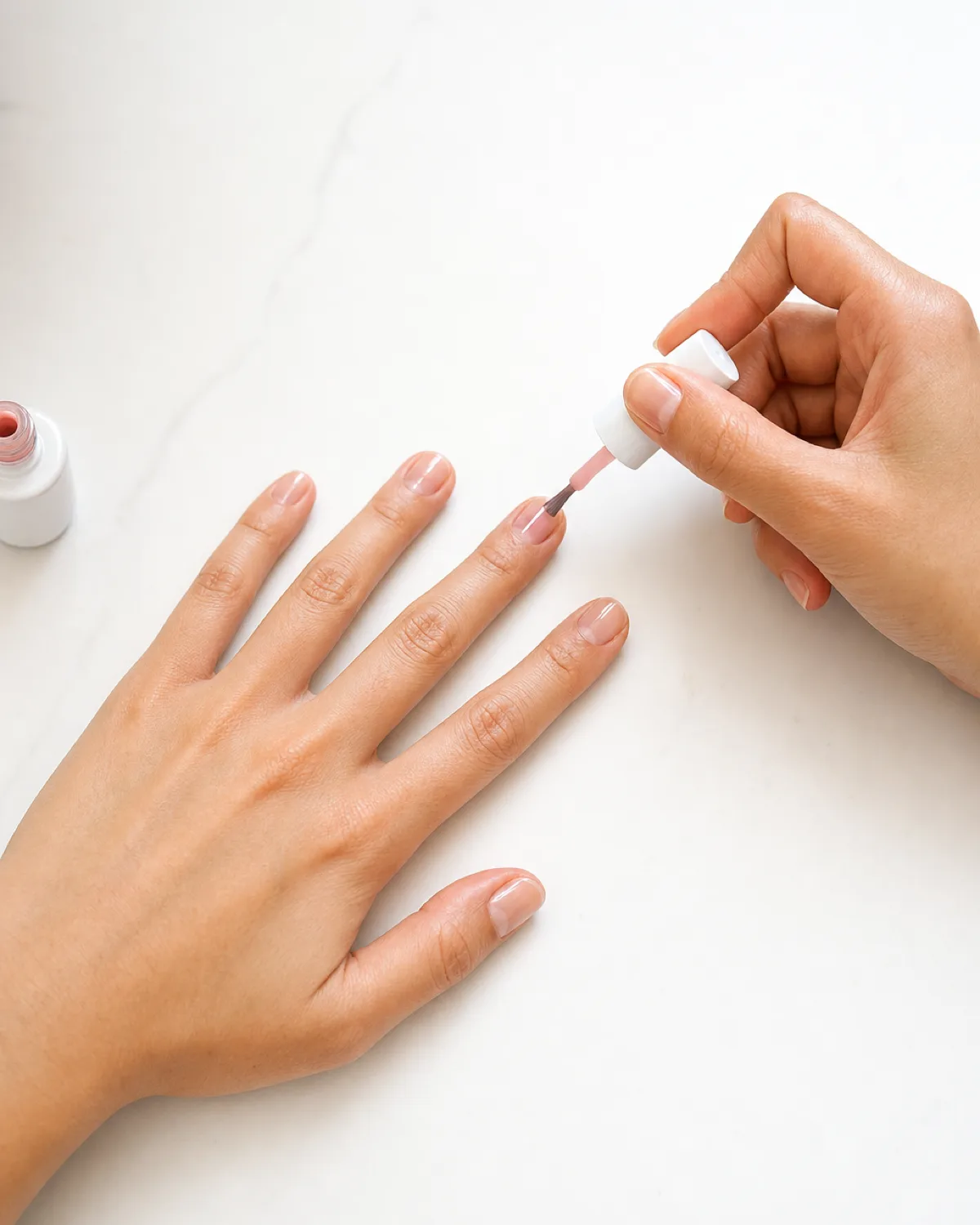 Applying first thin coat of warm pink gel to ring finger with brush, other nails still showing clear base coat