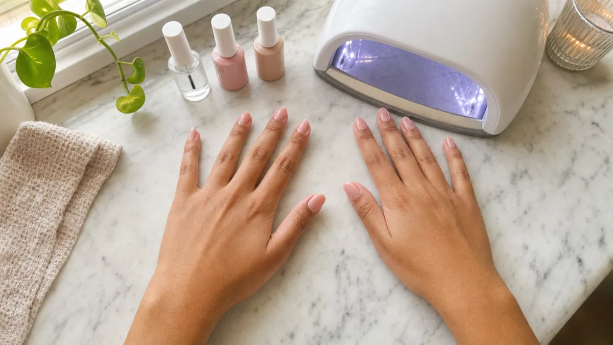 Both hands on white marble showing freshly cured nude-pink gel nails beside a compact LED lamp and gel polish bottles