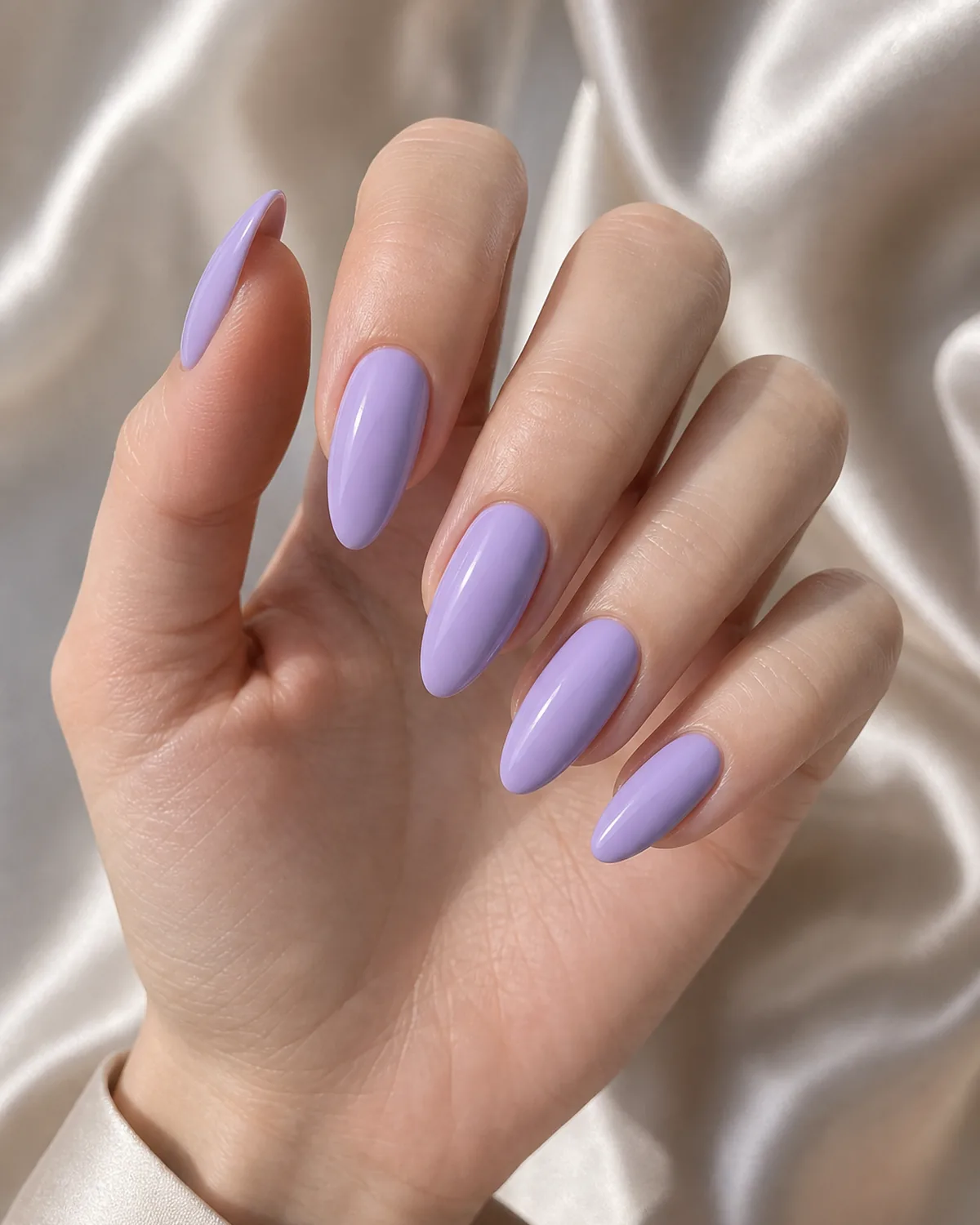 A cool true lavender on long almond nails, a fair-skinned hand reaching forward with fingers extended