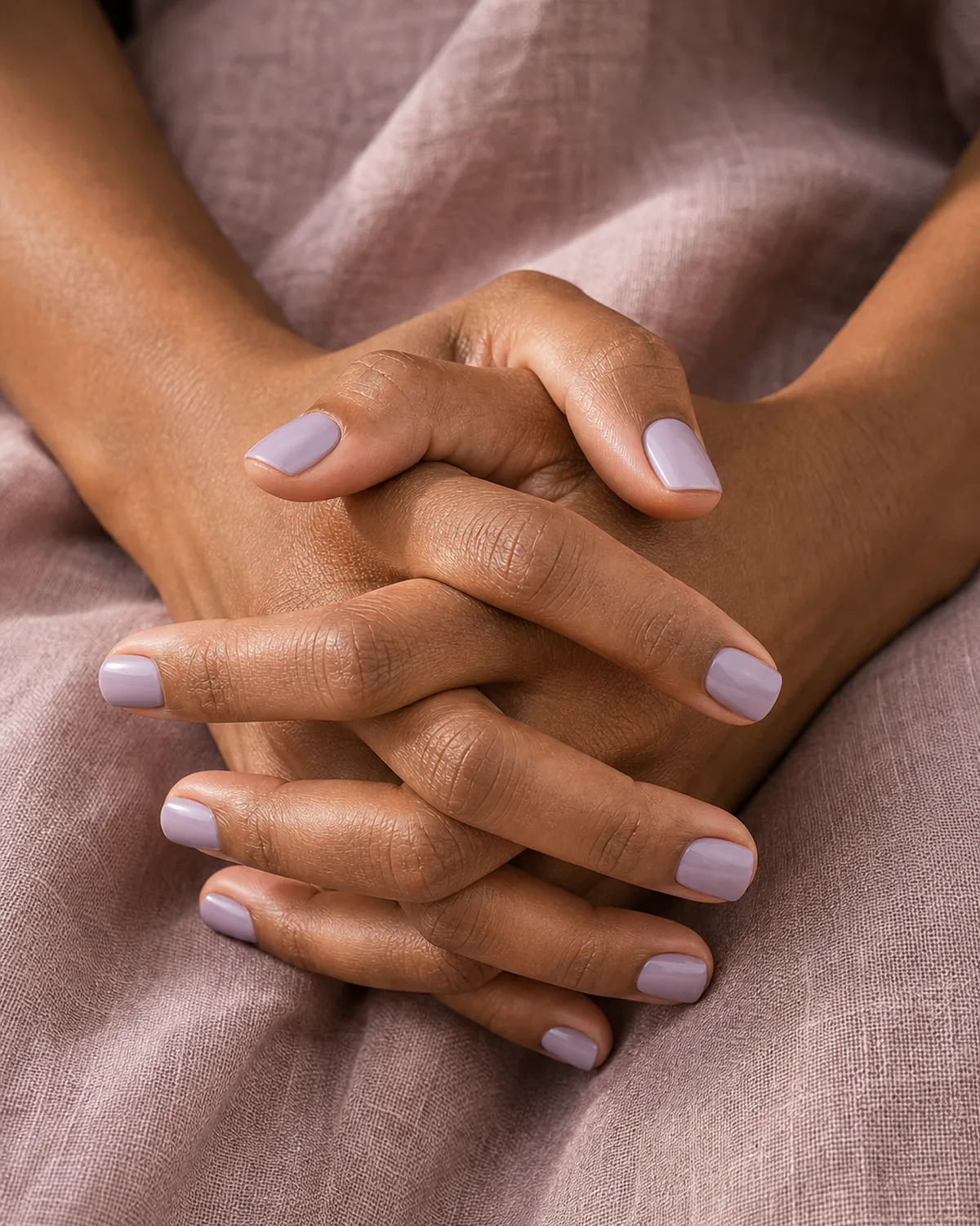 A dusty mauve-toned lavender on short square nails, a medium-deep-skinned hand with fingers interlaced in the lap