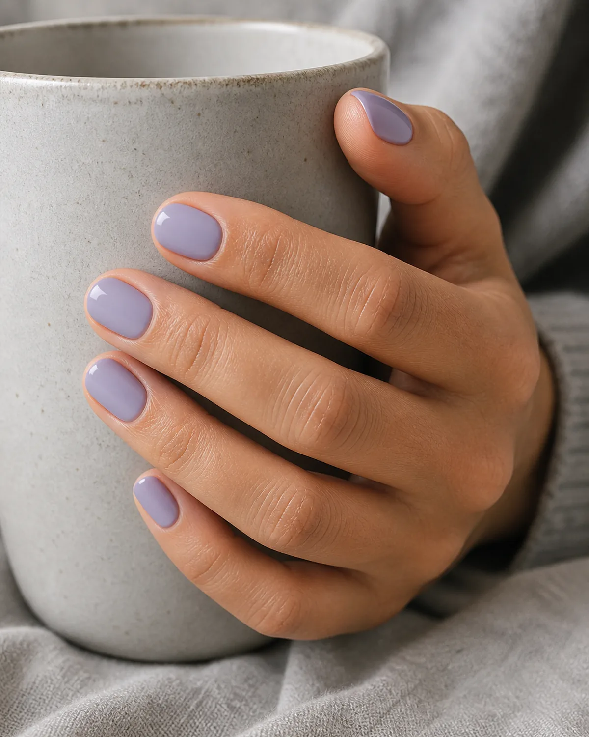 A grey-cast muted lavender on short oval nails, a medium-skinned hand cradling a ceramic mug