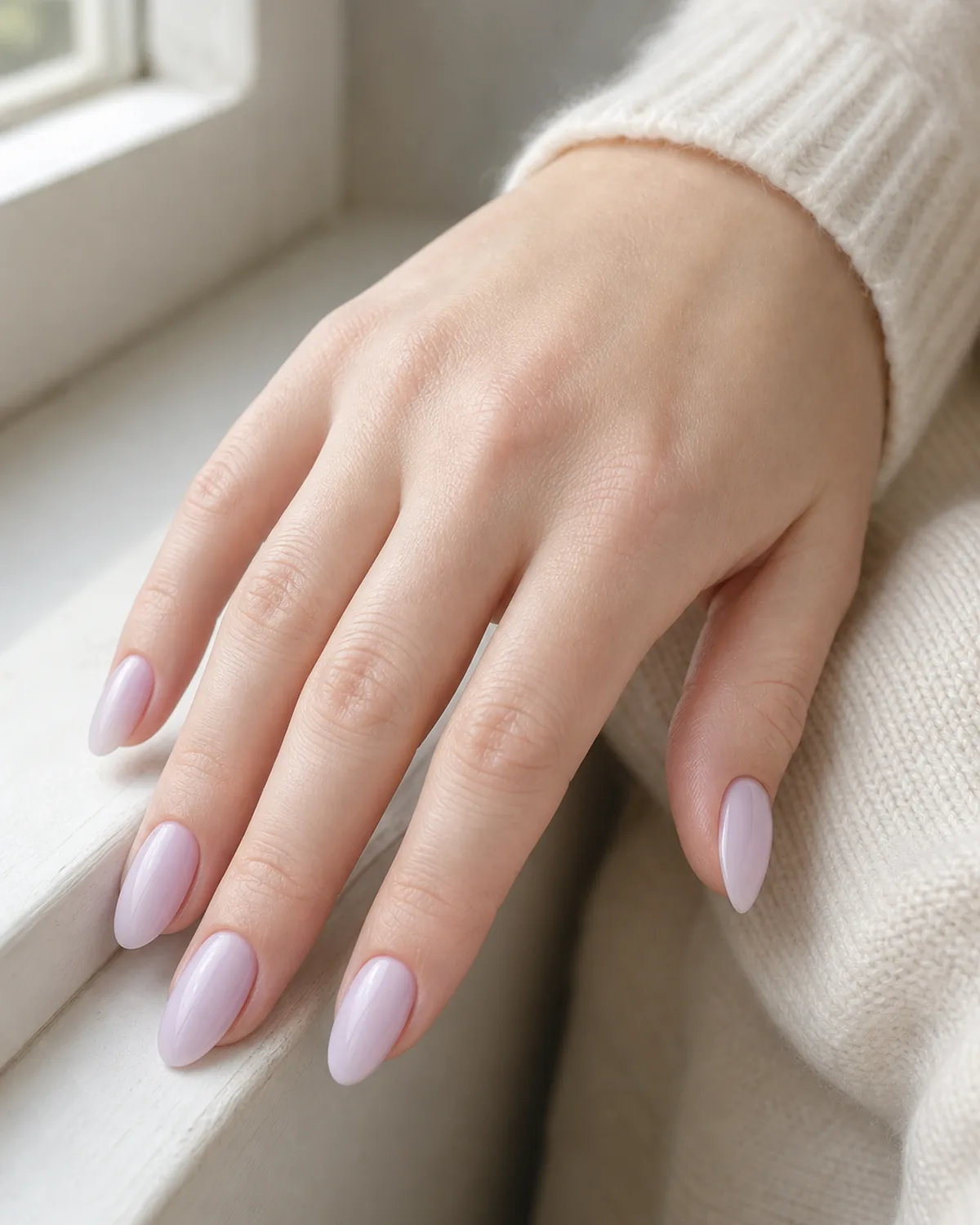 The palest lilac wash on medium almond nails, a fair-skinned hand resting on ivory cashmere