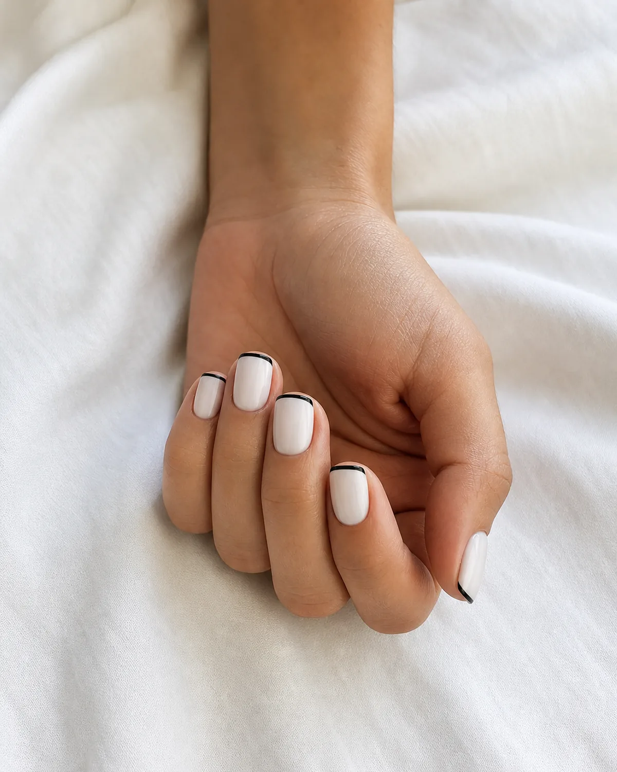 Close-up of square nails with a thread-thin black hairline tip on a milky white opaque base, on medium skin resting on milky white fabric