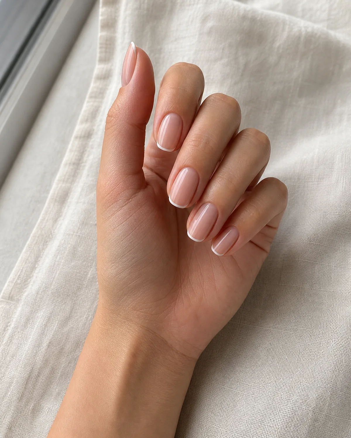 Close-up of medium almond nails with a thread-thin white hairline tip on a bare nude base, on light-medium skin turned toward a window
