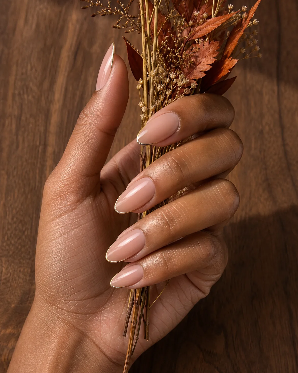 Close-up of long almond nails with a whisper-thin champagne-gold metallic hairline tip on a sheer nude base, on medium-dark skin holding a small autumn bouquet