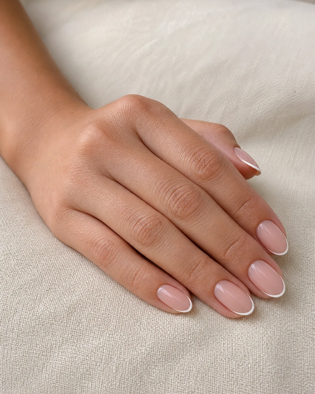 Close-up of medium almond nails with a classic thread-thin white hairline tip on a bare nude base, on light-medium skin resting sideways on a cream cushion