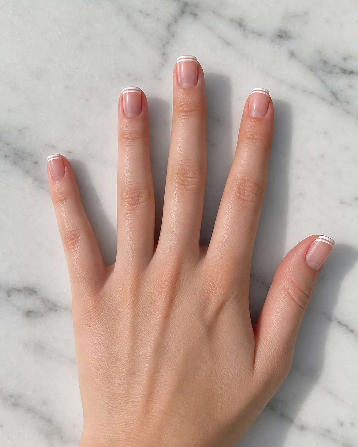 Close-up of square nails with two thin parallel white hairline lines near the free edge, evenly spaced, fingers spread wide on a white marble slab
