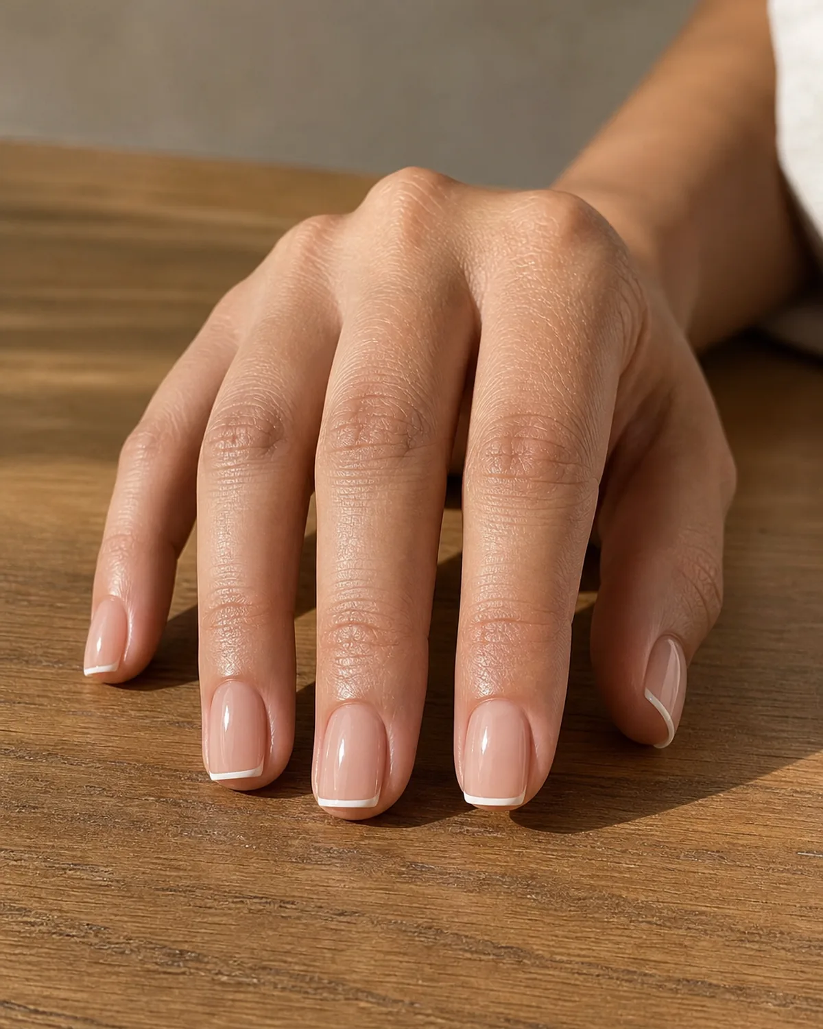 Close-up of square nails with a thread-thin white hairline tip sealed under a glossy top coat, fingers tapping on a wooden desk