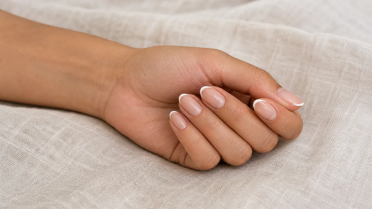 A hero close-up of one hand with medium almond nails wearing a classic hairline-thin white French tip on a bare nude base, on light-medium skin resting on pale linen