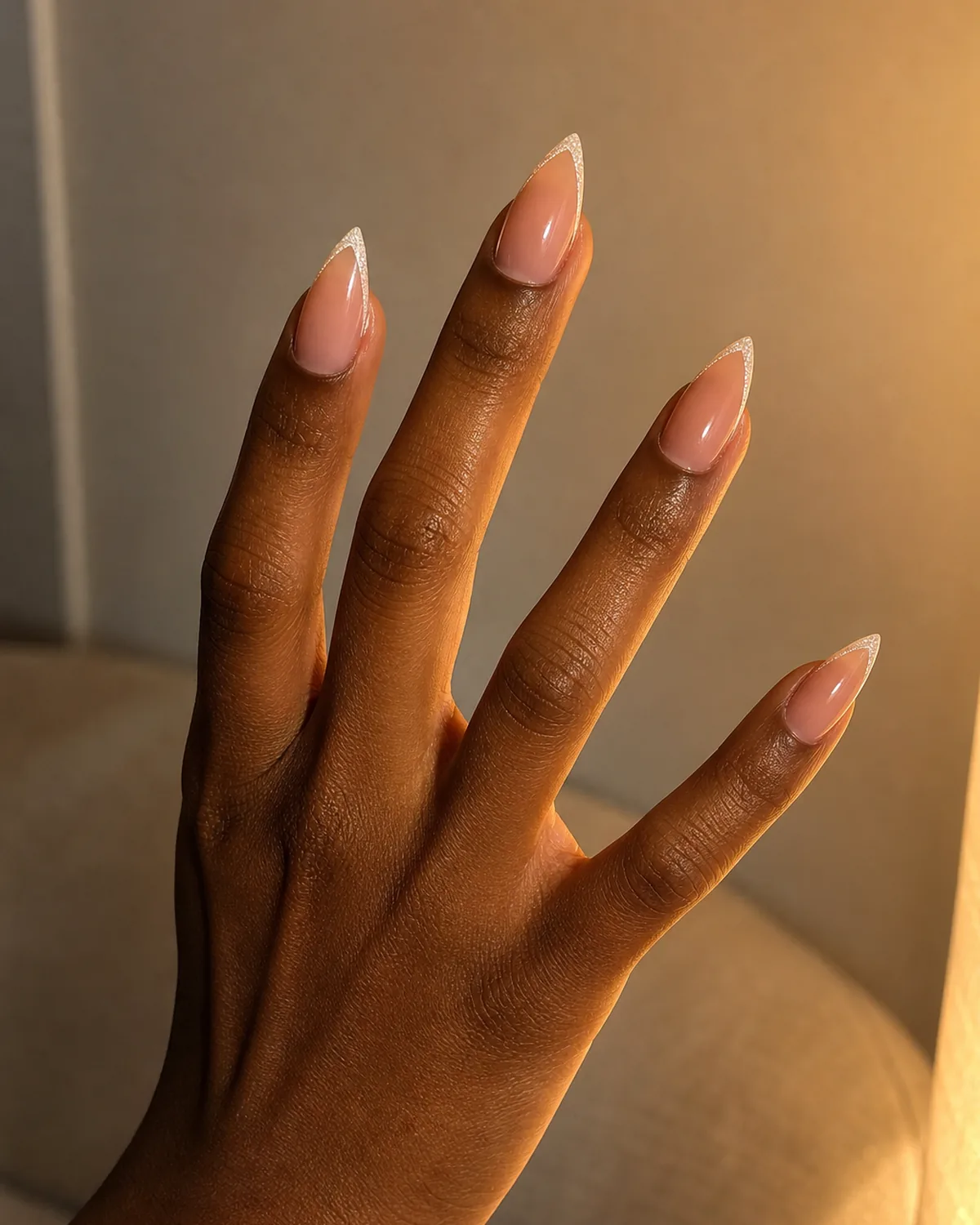 Close-up of stiletto nails with a thread-thin glitter-fleck hairline tip, on deep skin tilted toward a lamp catching the light