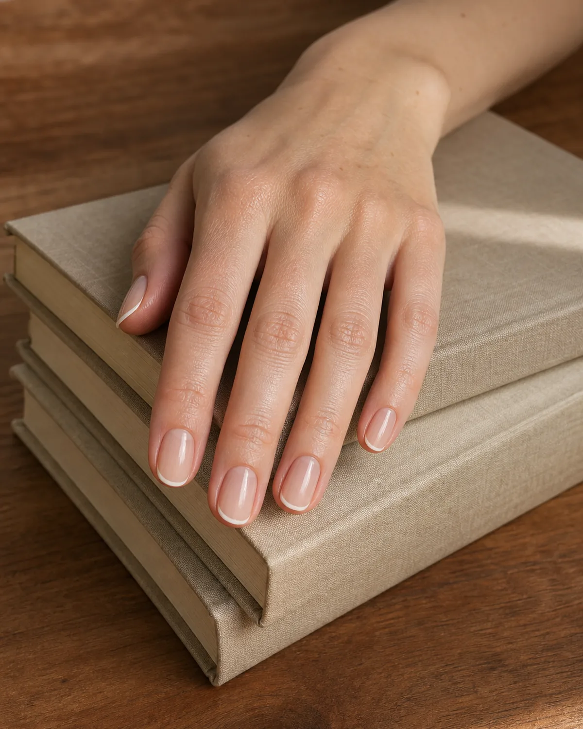 Close-up of oval nails with a soft, barely-there ivory hairline tip, on light skin resting on a stack of books near warm walnut wood