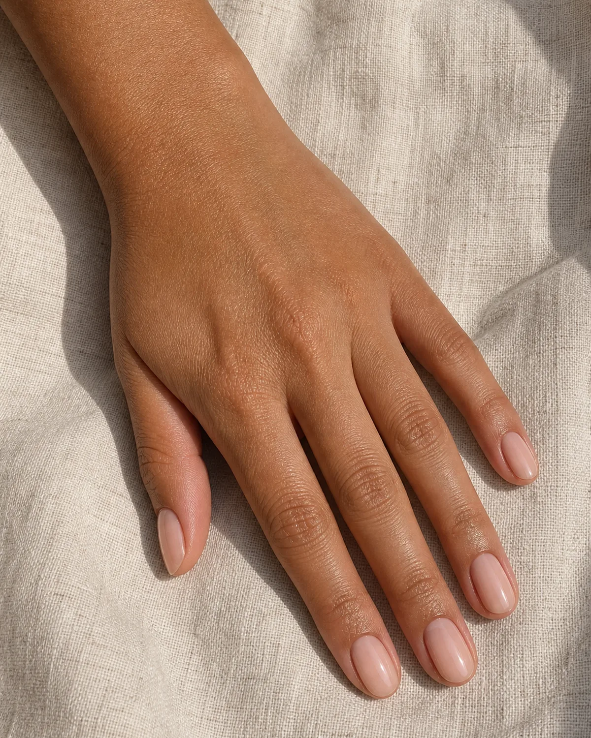 Close-up of oval nails with a barely-visible tonal hairline tip, one shade deeper nude than the base, on tan skin resting palm-down on linen