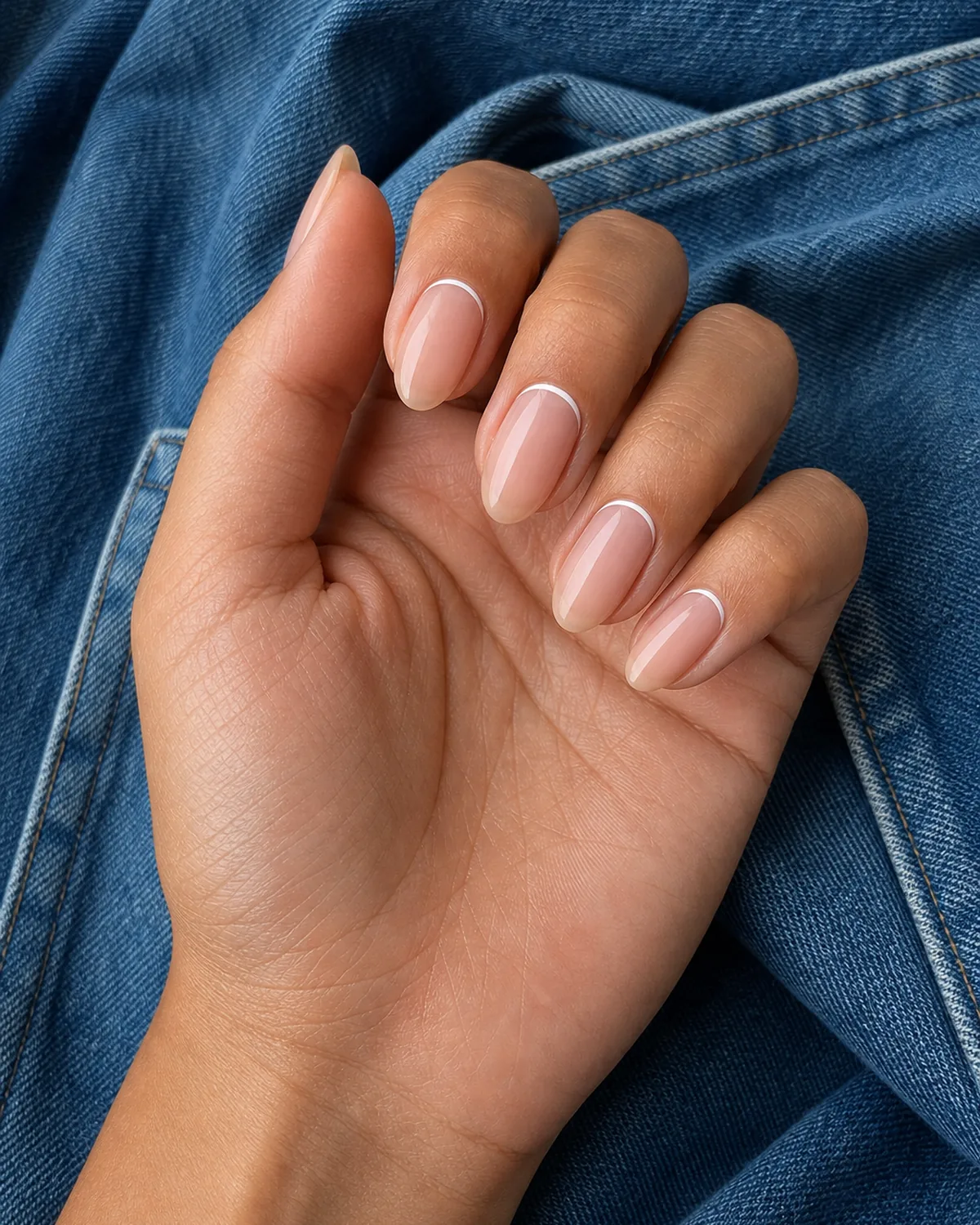 Close-up of medium almond nails with a thread-thin white hairline line placed just above the cuticle instead of at the tip, on medium skin resting on folded denim