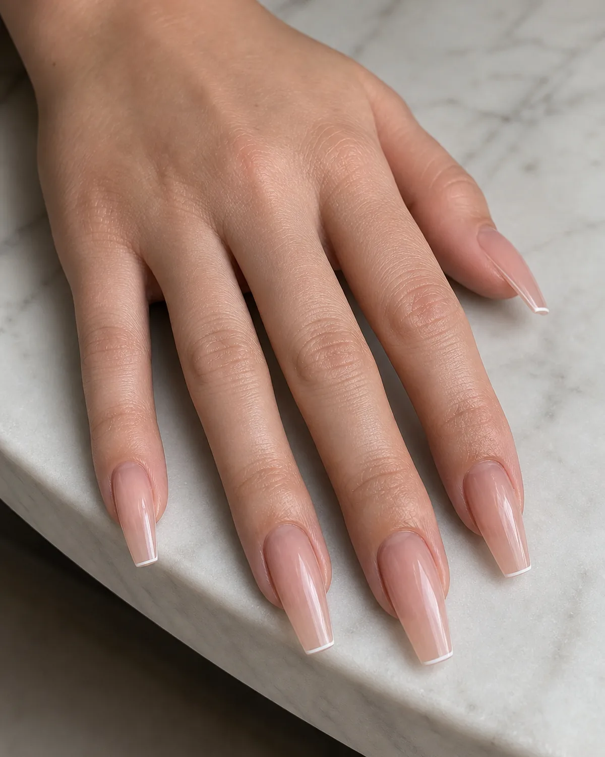 Macro close-up of long coffin nails with the thinnest possible white hairline tip on a clear bare base, fingers spread on a white marble surface
