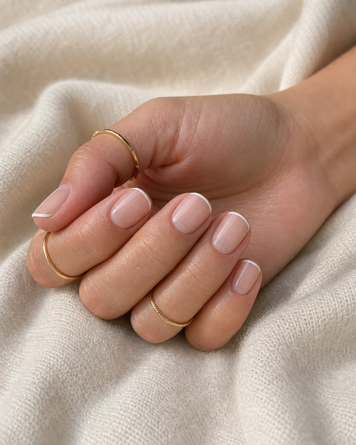 Close-up of short square nails with a pin-thin white hairline tip on a sheer nude base, several thin gold rings visible on the fingers