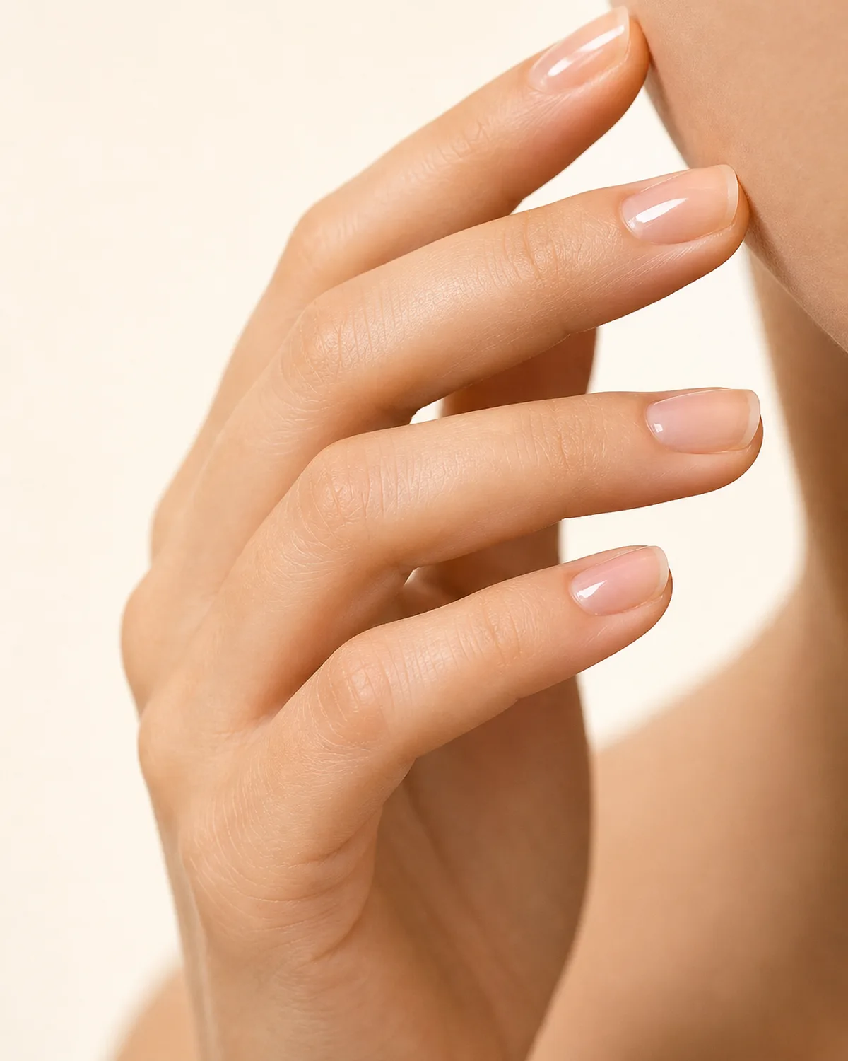 Beauty-editorial angle of a hand near the face with oval nails in crystal-clear high-gloss, light catching the transparent surface