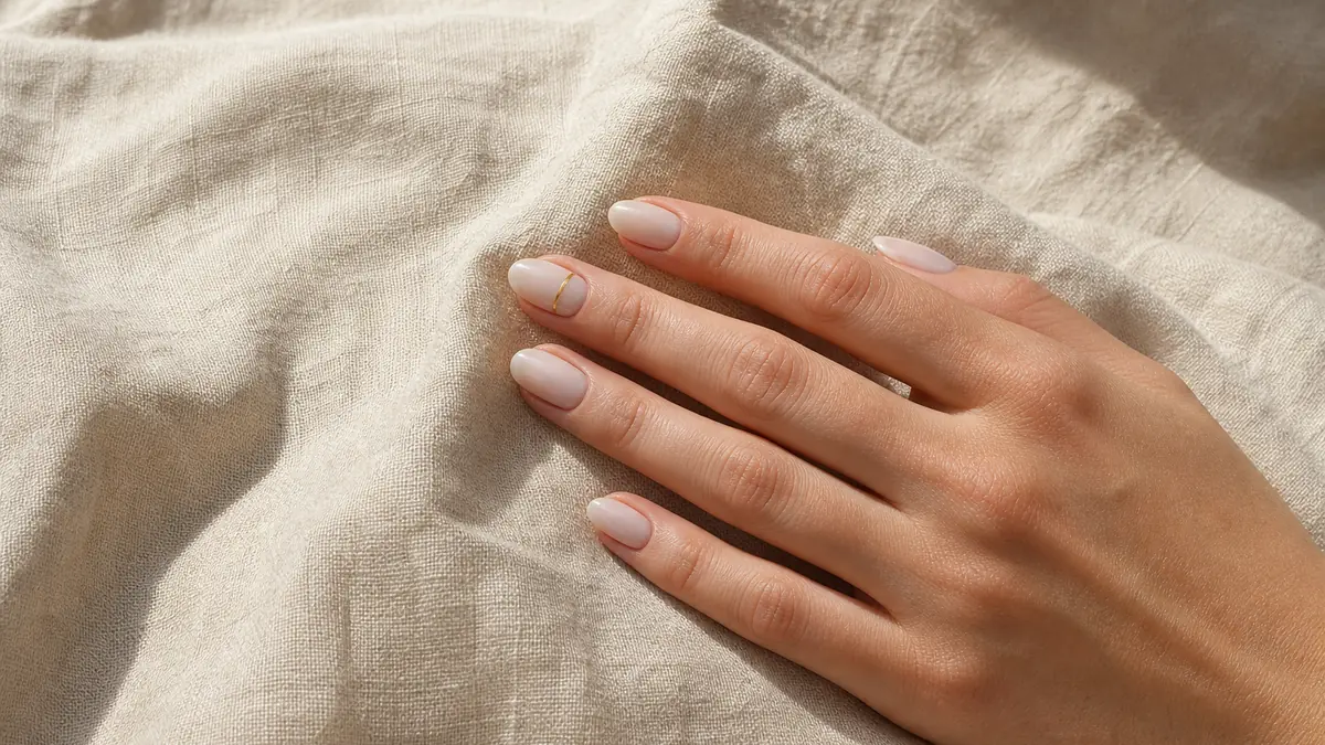Overhead view of two hands with sheer-glossed almond nails on white marble, one ring finger showing a single thin gold line accent