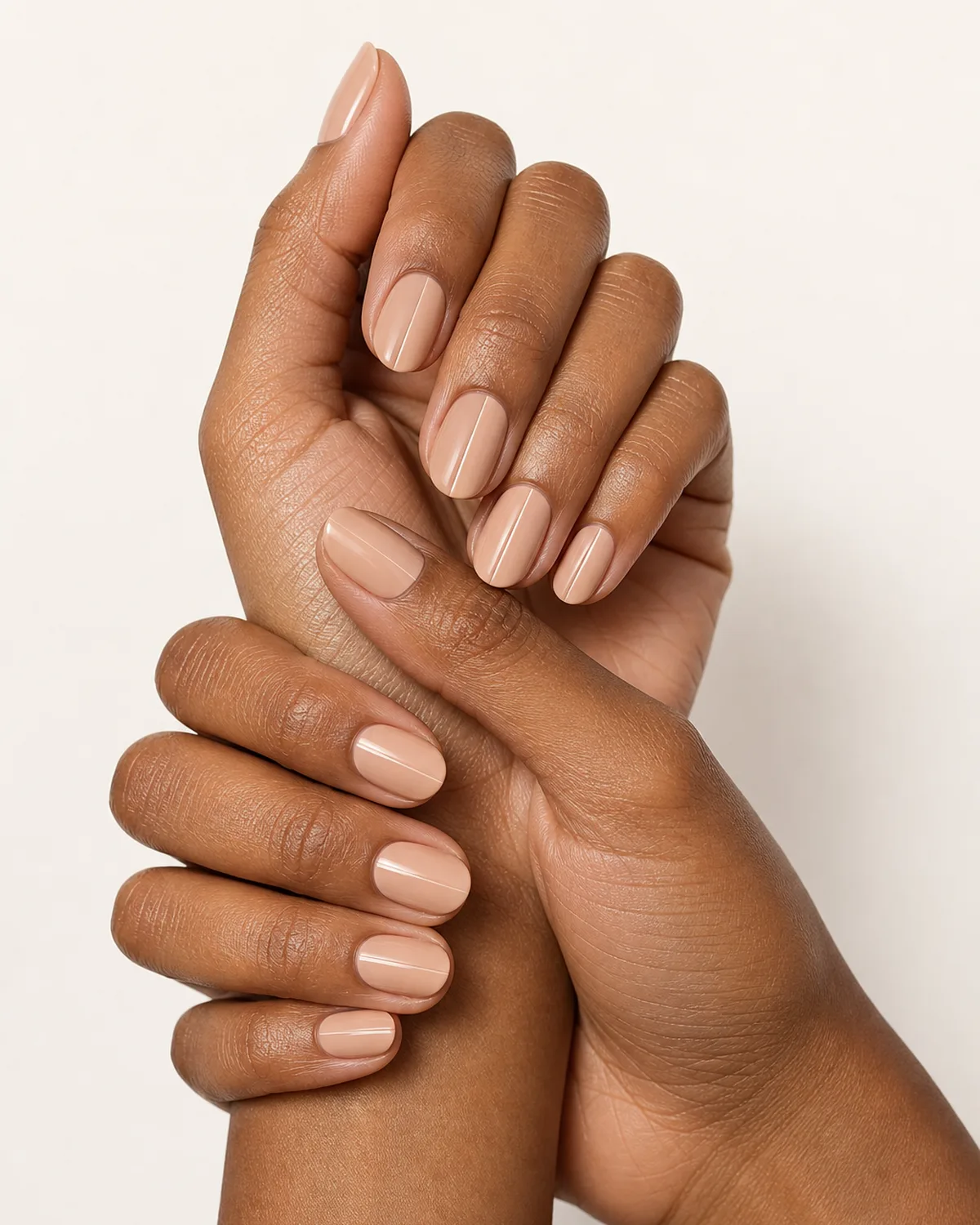 Overhead three-quarter view of interlaced hands with oval nails showing a vertical matte-gloss split finish, light catching the gloss half