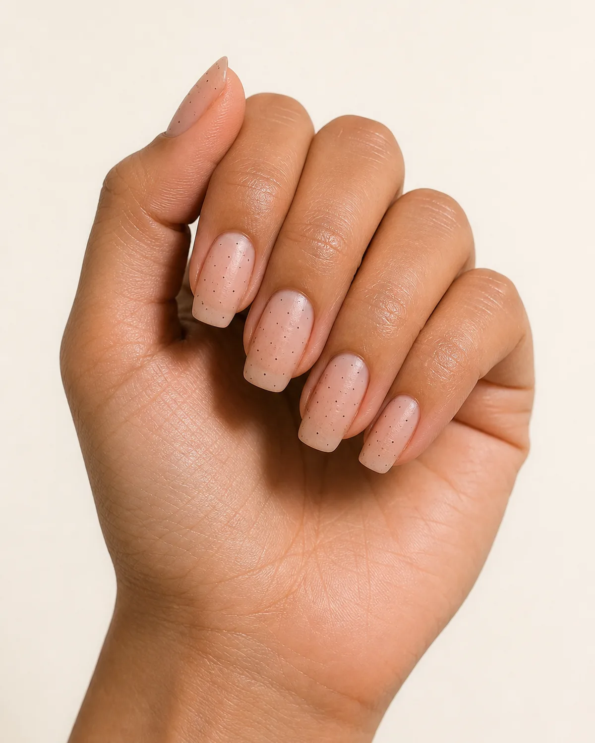 Close-up of a relaxed fist with coffin nails showing scattered matte black micro dots on a nude base
