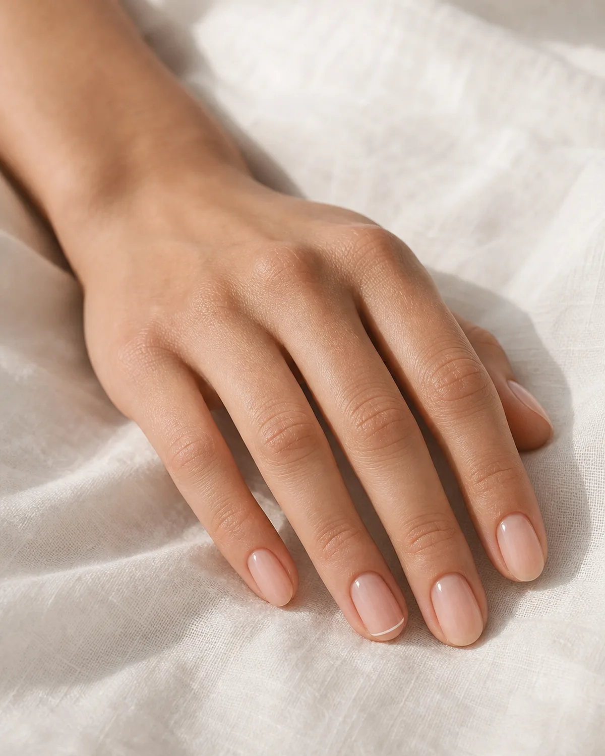 Side view of a hand lying on white linen with oval nails in sheer pink, ring finger showing a micro-thin white French tip