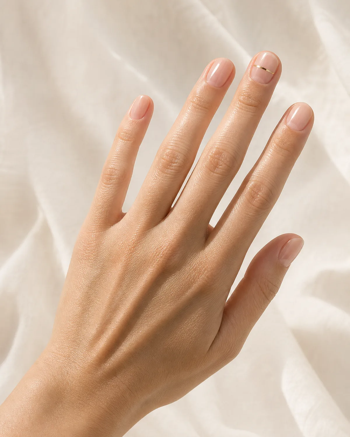 One hand reaching upward against pale pink fabric with round nails in bare gloss, ring finger showing a single thin gold horizontal stripe