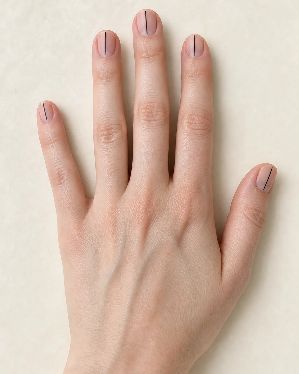 Overhead view of a single hand splayed flat on cream surface with short oval nails each showing a single thin black line from cuticle to tip