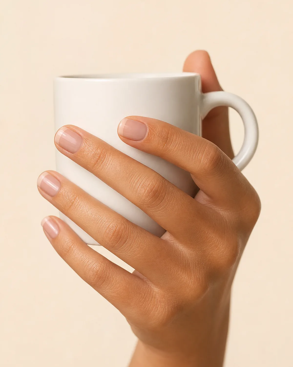 Three-quarter view of a hand holding a plain white mug with short square nails showing a barely visible tone-on-tone blush color block at the tip