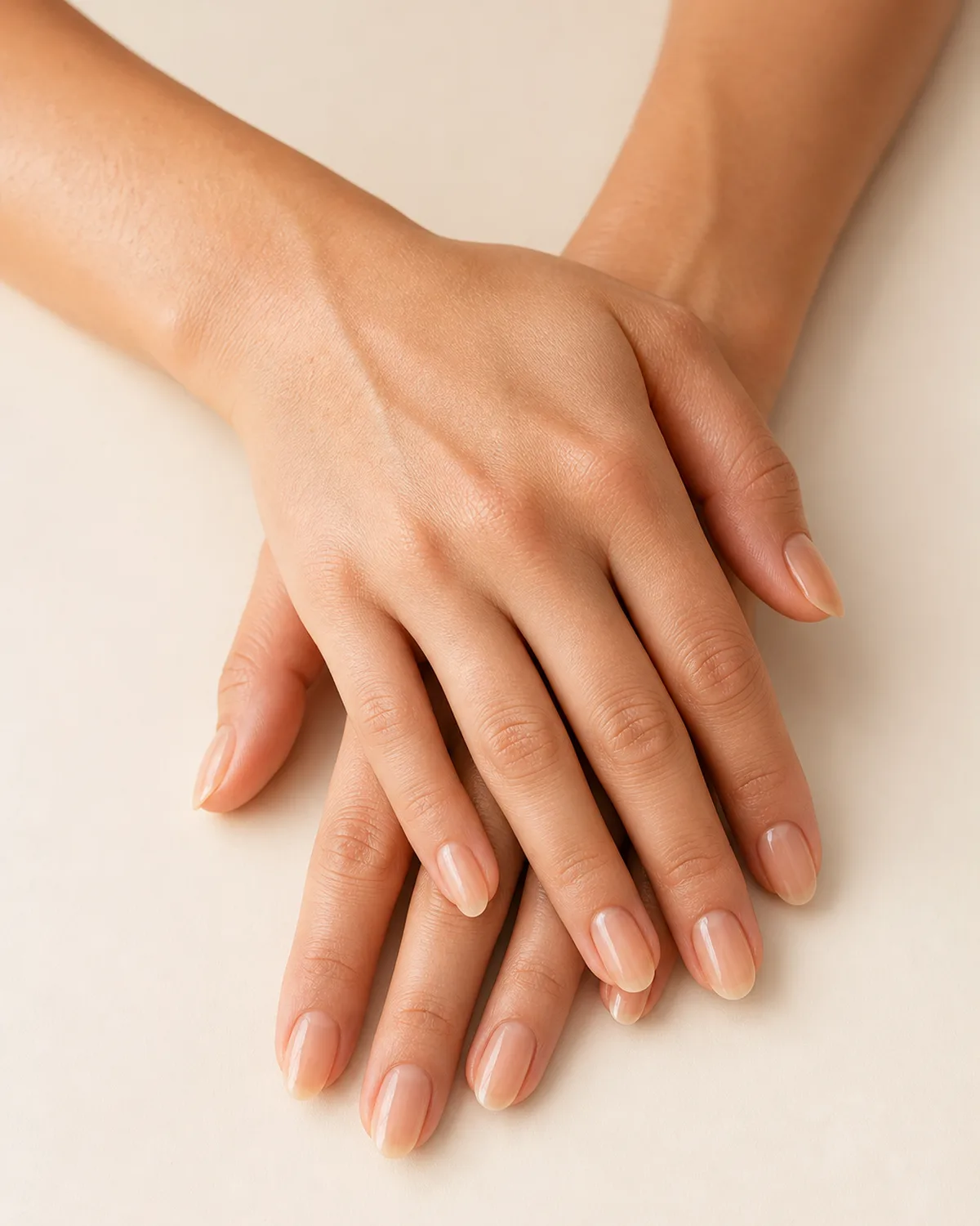 Warm overhead view of two hands stacked on cream surface with natural almond nails in a single coat of warm sheer polish