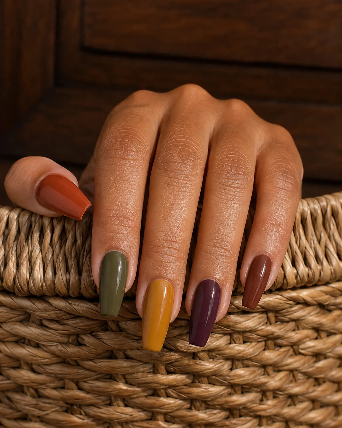 Close-up of medium coffin nails in a scrambled muted autumn palette of rust, olive, mustard, and plum, on tan skin resting on a woven basket edge