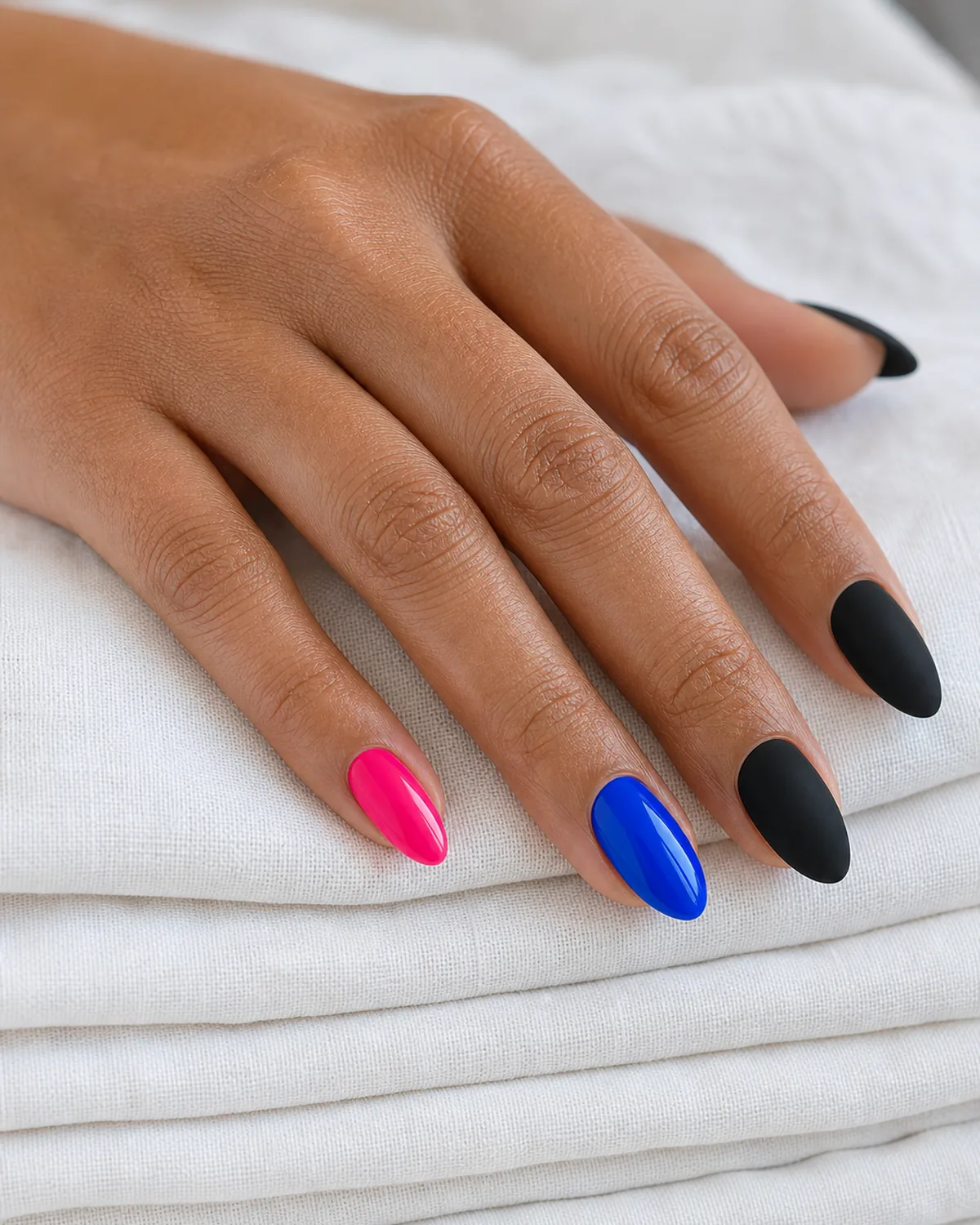 Close-up of medium almond nails mixing deep matte black with hot pink and electric blue nails, on medium skin resting on folded linen