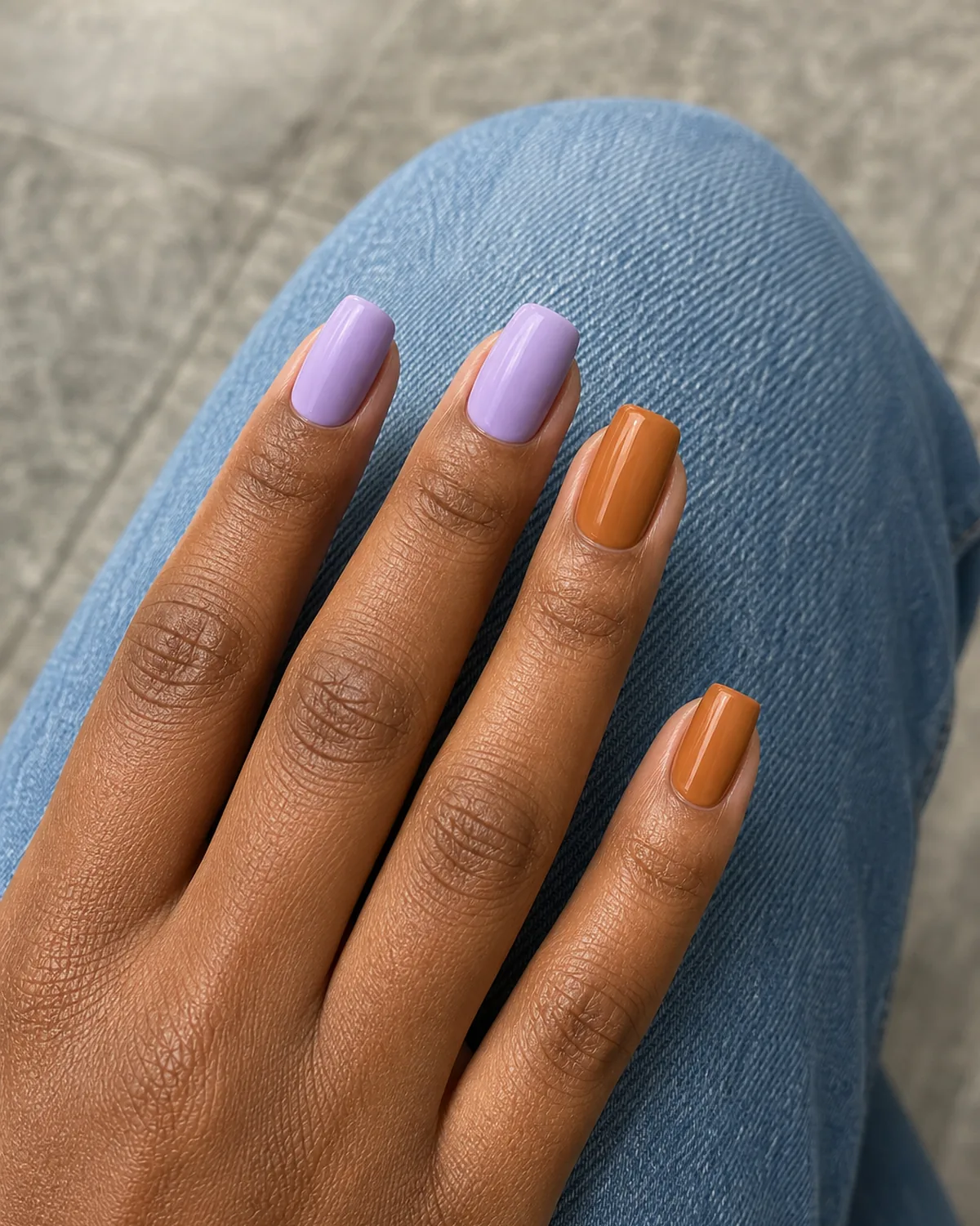 Close-up of medium square nails split between soft lavender and warm caramel, grouped rather than alternating, on medium-dark skin with fingers fanned on denim