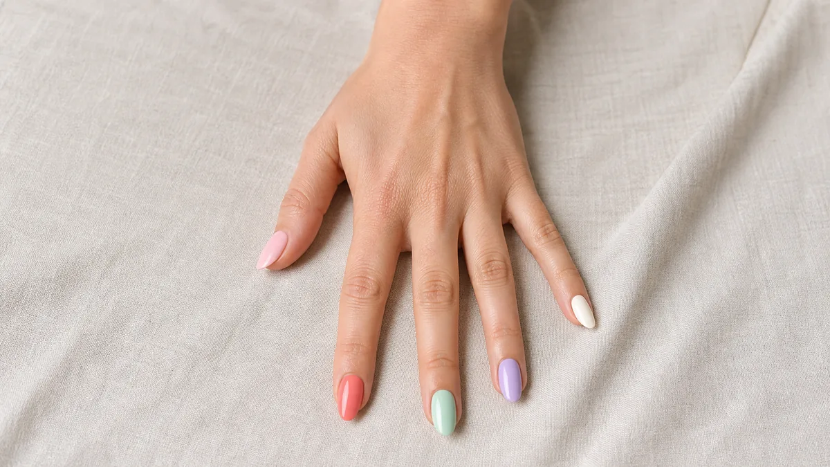 A hero close-up of one hand with medium almond nails fanned out, each finger a different soft color — pale pink, coral, mint green, lilac, cream — on light-medium skin resting on pale linen