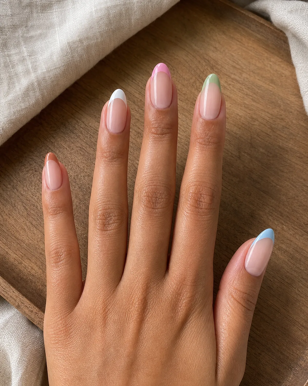 Close-up of medium almond nails with a classic French shape on every nail but a different tip color on each — white, pink, sage, terracotta — on medium skin resting on a wooden tray