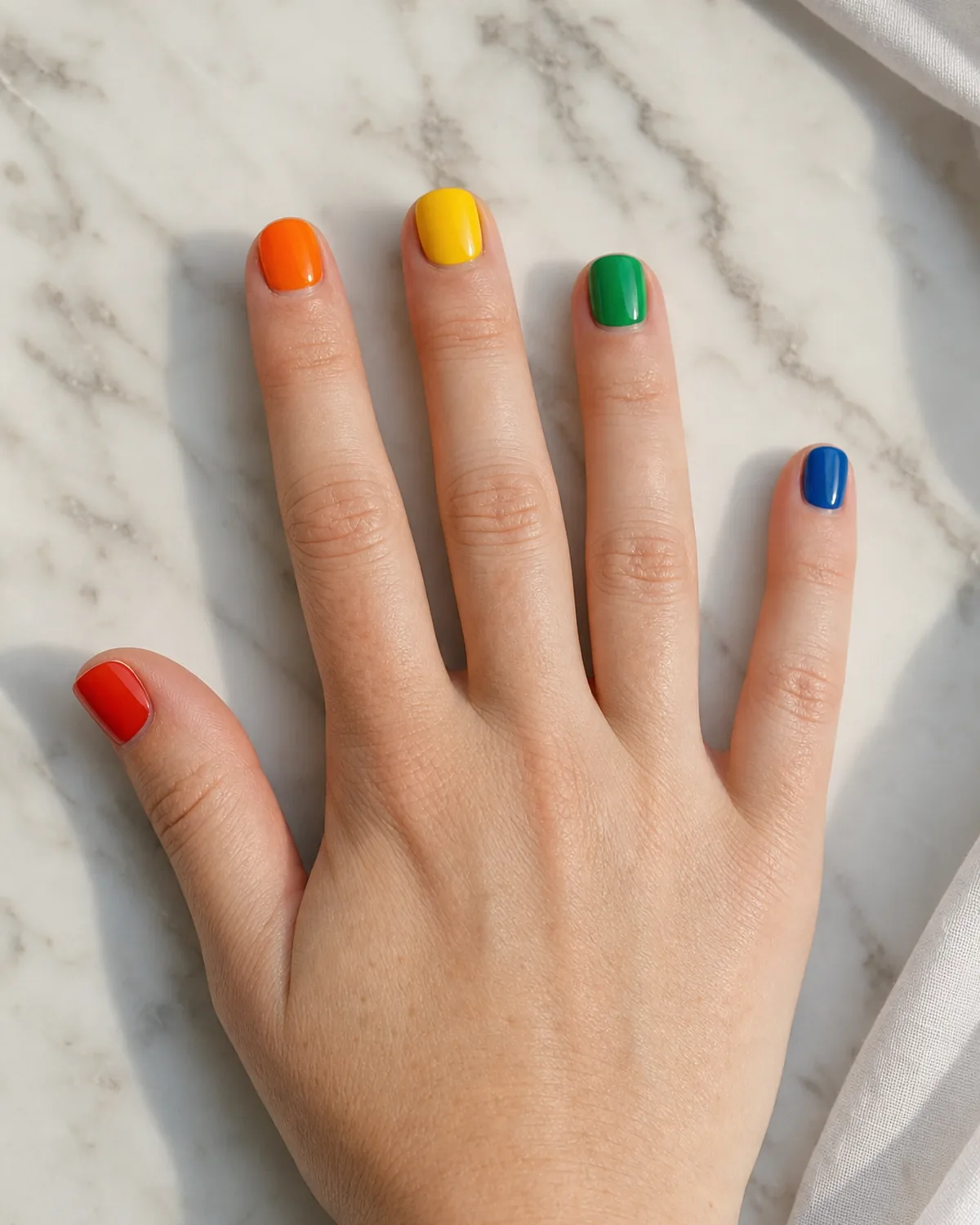 Close-up of short square nails each painted a different rainbow hue — red, orange, yellow, green, blue — on light skin with fingers splayed on a marble countertop