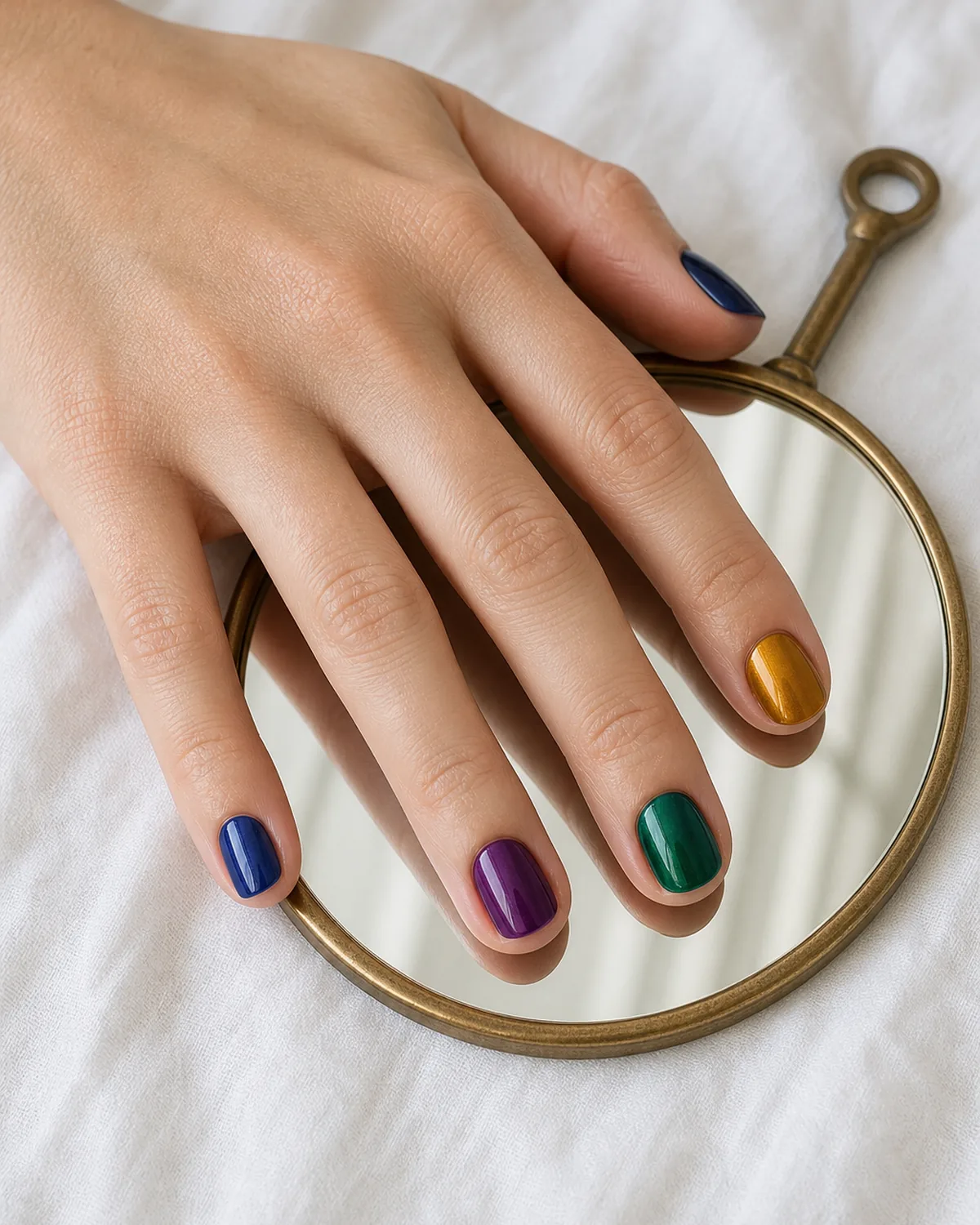 Close-up of short round nails each in a different jewel-toned gemstone color — sapphire, ruby, amethyst, emerald — on light skin holding a small mirror flat