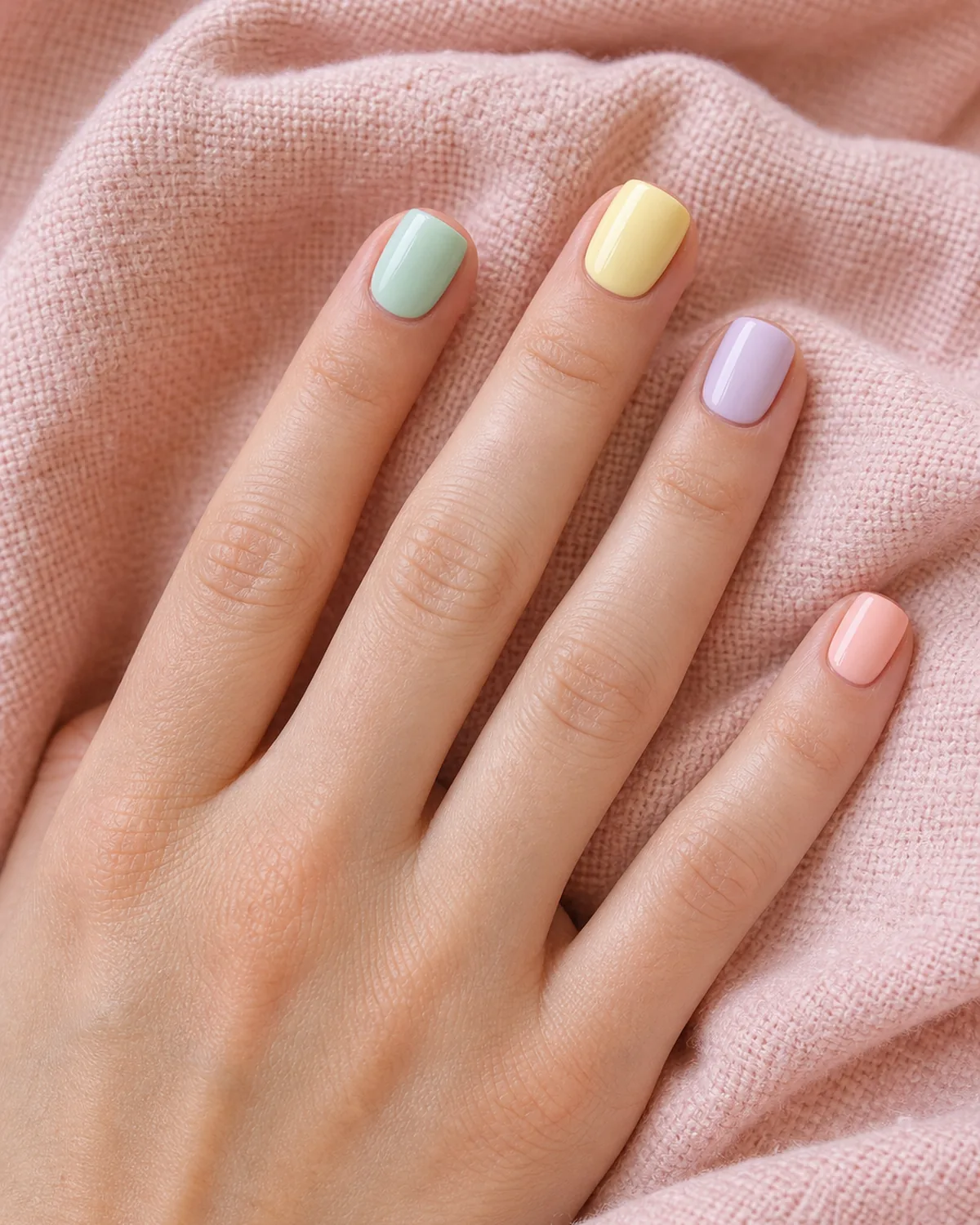 Close-up of short square nails each in a different soft pastel — baby blue, mint, buttery yellow, lilac — on light skin with fingers loosely fanned on a pastel throw blanket