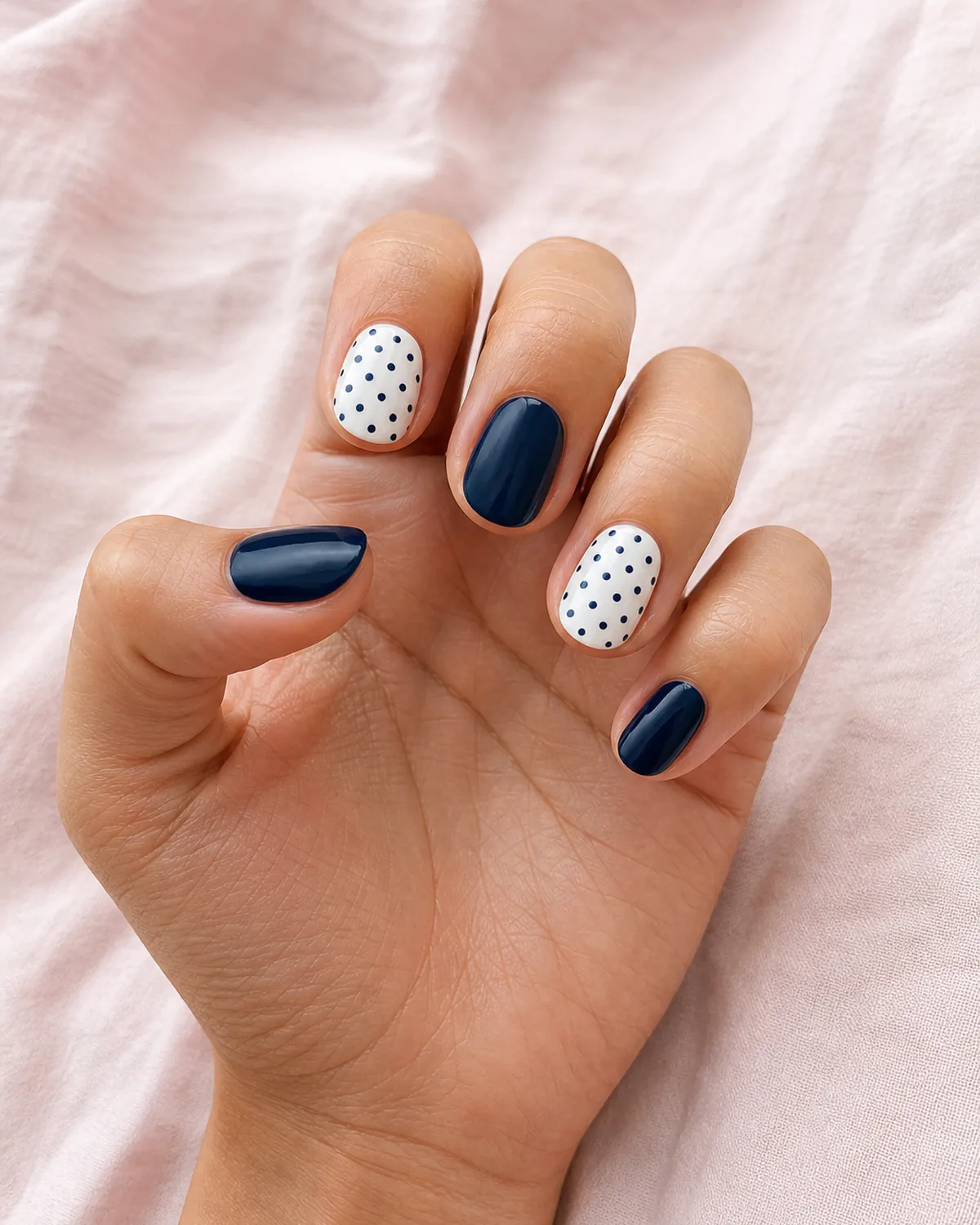Close-up of medium round nails with some nails in a navy polka-dot pattern on white and the rest in solid navy, on light-medium skin with hand half-raised